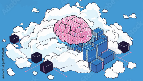 Creative illustration of a brain above geometric shapes in a cloud setting during daytime