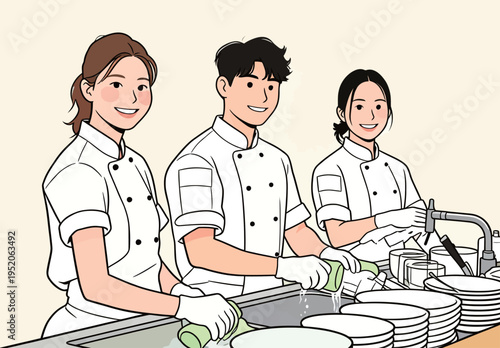 Chefs wash dishes in a kitchen during a busy restaurant shift with teamwork and focus on cleanliness