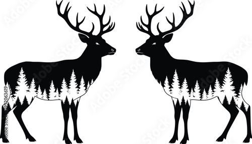 Symmetrical black raven silhouettes with spread wings facing each other, detailed feather crow vector illustration isolated on light background, gothic wildlife emblem design conce