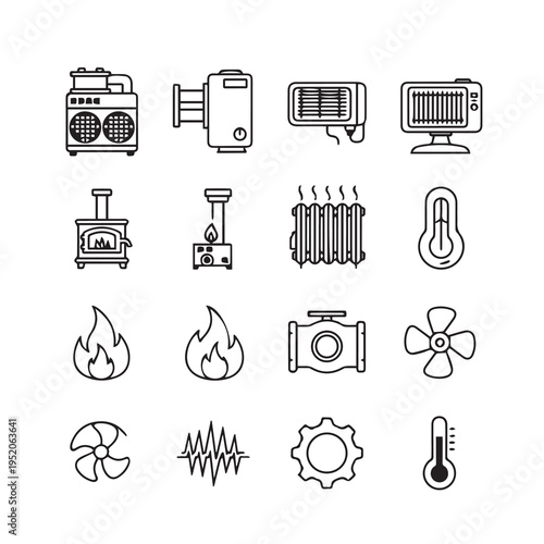 Heating and Cooling Icons Set: Air Conditioner Heater Fan Radiator Thermometer Fire