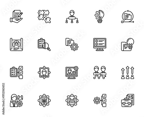 Project Management icon set. Vector illustration with symbols for time management, team, data analytics, budgeting, flowchart, timeline, tasks, planning and more. Editable stroke.