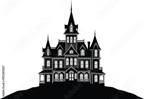 Victorian Gothic haunted mansion silhouette with ornate towers, arched windows, intricate architectural details, spooky atmosphere, historical architecture, eerie des