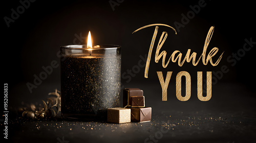 A lit candle and chocolates with a Thank You message in gold letters on a dark background