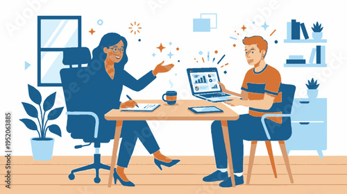 Business coaching session with mentor and client in modern office setting with laptop