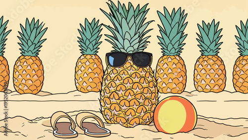 Pineapples with sunglasses and flip flops on a beach with a ball during a sunny day