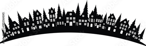 Whimsical black silhouette village skyline with houses and pine trees on curved hill, fairy tale town landscape illustration isolated on light background