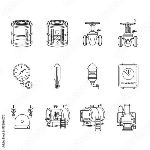 Industrial Boiler Components and Gauges in Line Drawing Style
