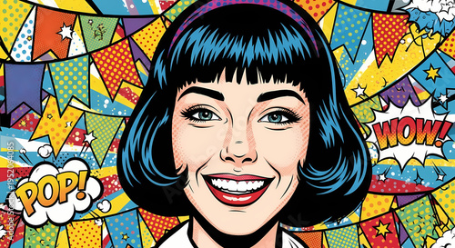 A pop art portrait of a woman with vibrant colors and retro style