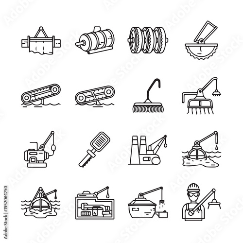 Industrial Equipment Icons: Dredging Construction and Cleaning Machines
