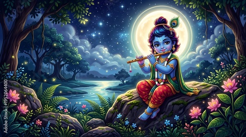 Mythical child playing flute under a starry night sky in a forest