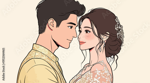 Couple standing close together in celebration during a cultural event in a bright setting