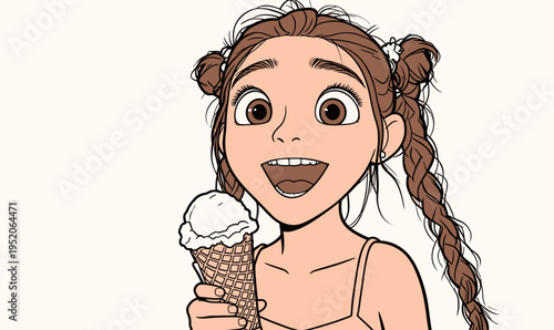 Girl enjoys ice cream with a big smile, showing her excitement in a fun cartoon style, playing in the sunny weather