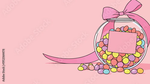 Colorful candy jar sits on a pink background and waits for spring celebrations with fun treats ready to share