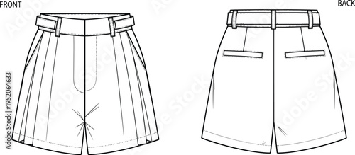 Women tailored shorts technical fashion drawing with pleats belt loops front and back view vector clothing template isolated for garment design and apparel production