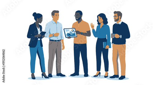 Diverse team standing together in business casual attire engaged in discussion with technology