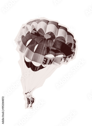 Halftone Parachute sticker grunge cut out vintage style mimicking torn out collage old photo. Vector Isolated Y2K pop art element Retro grain dotted texture transparent background. Grayscale scrapbook