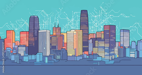 City skyline with digital pattern and technology design showcasing modern architecture and urban life