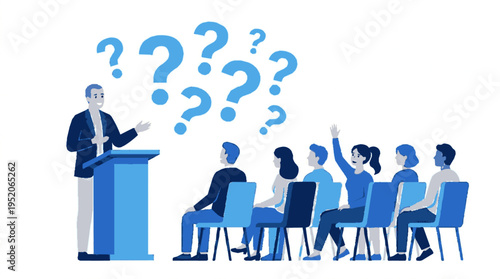 Businessman presenting to engaged audience with question marks qa session vector illustration
