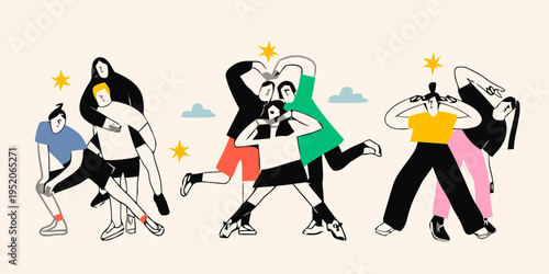 People dancing outdoors with dynamic movements and joyful expressions freely