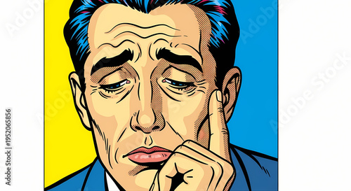 An illustration of a man with a sad facial expression. The man appears to be in distress, touching his face and looking down, expressing a sense of sadness or contemplation