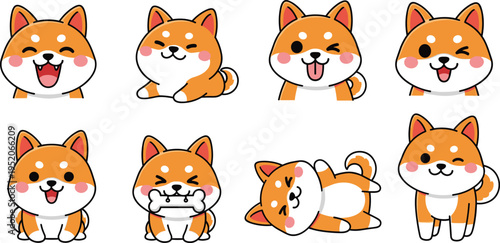 Set of cute Shiba Inu dog characters, kawaii japanese puppy mascot collection, happy cartoon dog expressions, and pet canine vector illustrations.