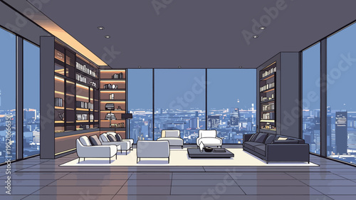 Modern living room with city view during evening time in a high-rise building