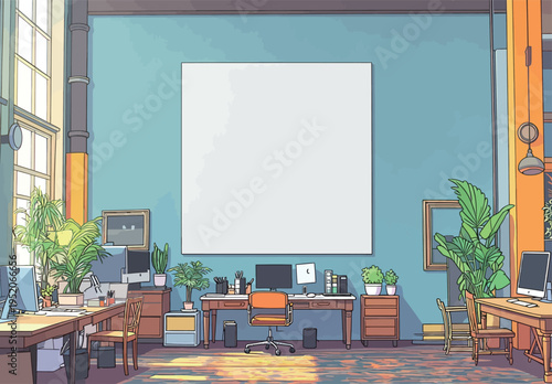 Creative workspace in a bright room with plants and empty wall near desks and computers during daytime