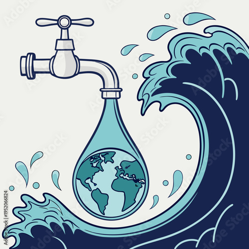 Save the Planet Illustration Water Tap with Drop Concept and Clean Earth Water Saving Symbol