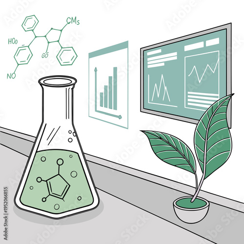 Chemical plant in test tube laboratory science experiment with green leaf glass flask illustration vector icon