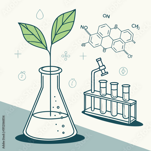 Chemical plant in laboratory science experiment with glass flasks beakers and green liquid in lab vector illustration