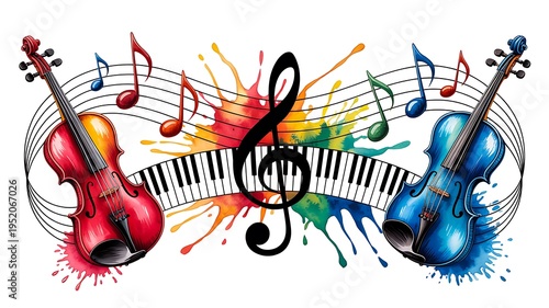 Colorful musical instruments with piano keyboard violin and notes for music art and entertainment concept