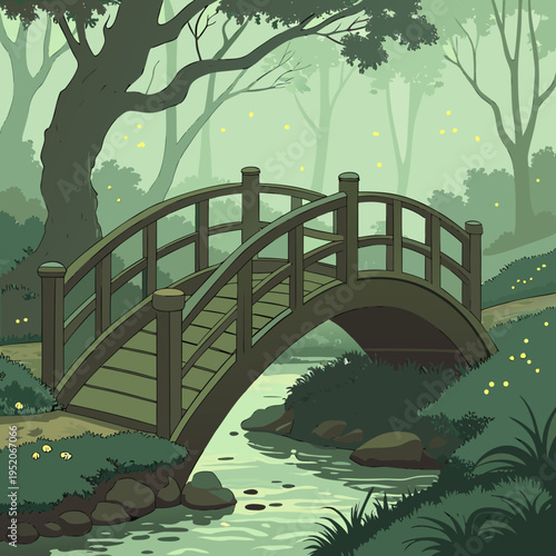 Bridge over river in forest landscape with water, sky, steel architecture, and nature park scenery