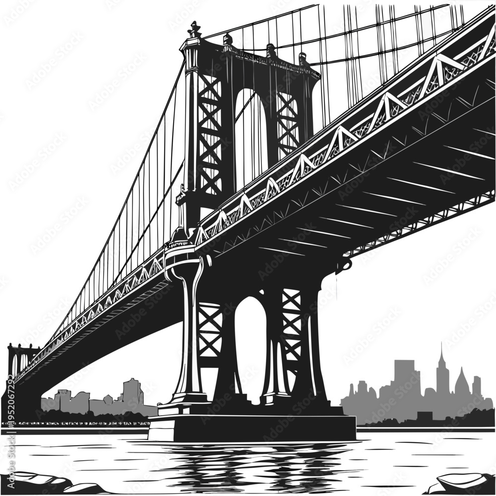 Fototapeta premium Brooklyn Bridge and Golden Gate Bridge city skyline over water with New York and San Francisco landmarks travel illustration