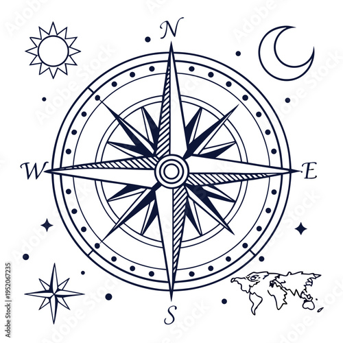 Compass rose vector illustration showing navigation directions for travel map and nautical symbol design