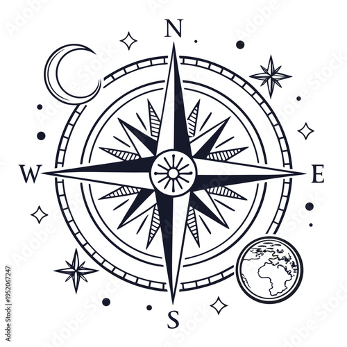 Compass rose vector illustration on a black background showing navigation directions and travel symbol