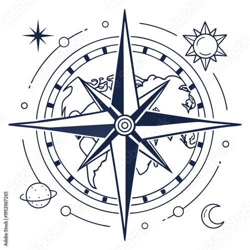 Compass rose vector illustration on black background showing navigation directions north south east west travel nautical symbol