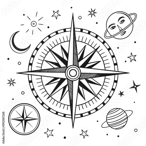 Compass rose vector illustration with compass showing north south east west directions for navigation and travel map symbol