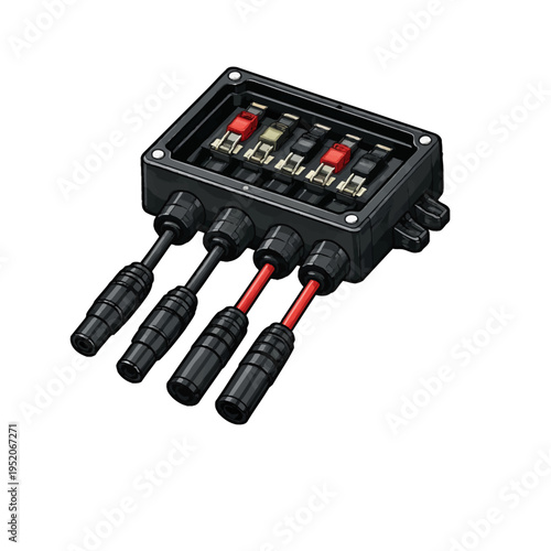 Compact electrical junction box with multiple inputs and integrated circuit protection, facilitating efficient power distribution for various industrial and energy applications