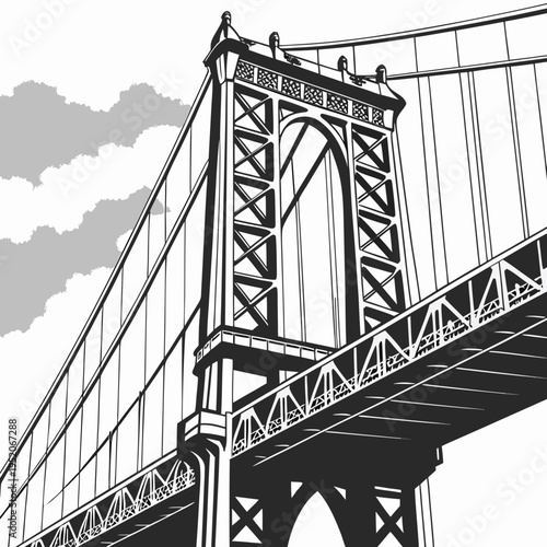 Golden Gate Bridge vector illustration with suspension structure over water in San Francisco surrounded by fog and city skyline