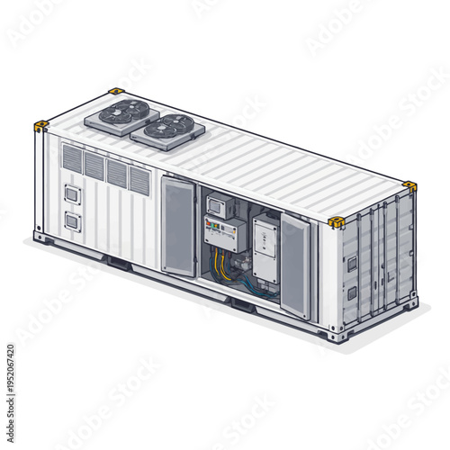 Isometric illustration of a modern modular industrial container unit, housing advanced electrical infrastructure for efficient energy management and grid frequency stabilization systems