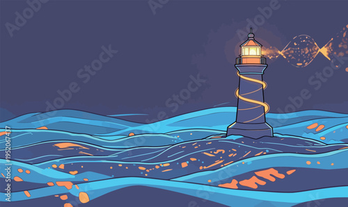 Waves move around a lighthouse at night with light shining in the dark sky
