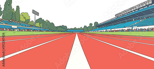 Track and field event takes place at a large stadium with many spectators cheering from the stands during a bright day