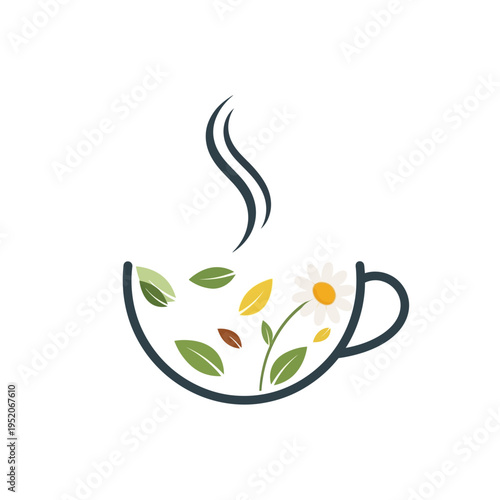 A steaming cup of herbal tea with flowers and leaves.