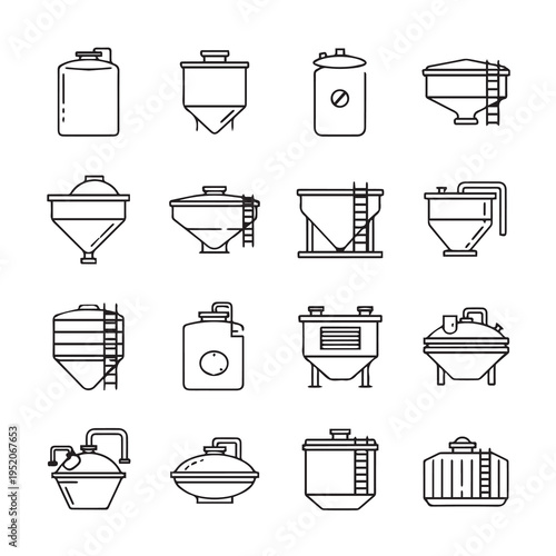 Industrial Storage Tanks Icons Collection Various Shapes and Sizes Line Art