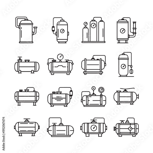 Industrial Storage Tanks Icons Set Compressed Air Systems Fluid Containers