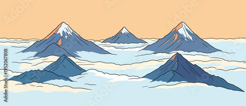 Mountains rise above clouds in a colorful sky with sunny weather and clear visibility at a serene location