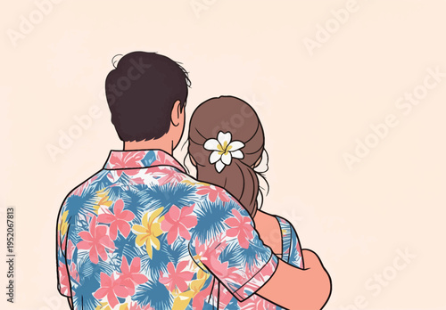 Couple sharing a moment with tropical shirts and flower in hair in a simple background setting