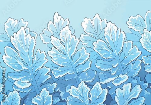 Bright blue leaves shown up close against a light blue background during daytime