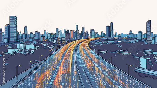 View of a busy city skyline with bright lights and traffic on a highway during twilight hours