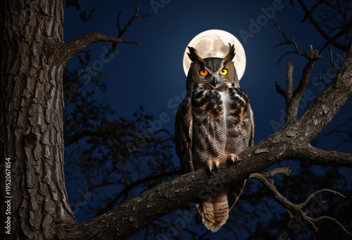 Great horned owl sits on an old tree branch at night, on full moon background